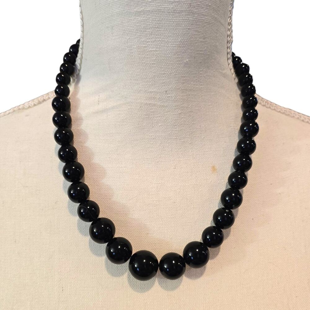 Vintage Black Beaded Necklace Graduated Beads Chunky Statement Classic 18 Inch